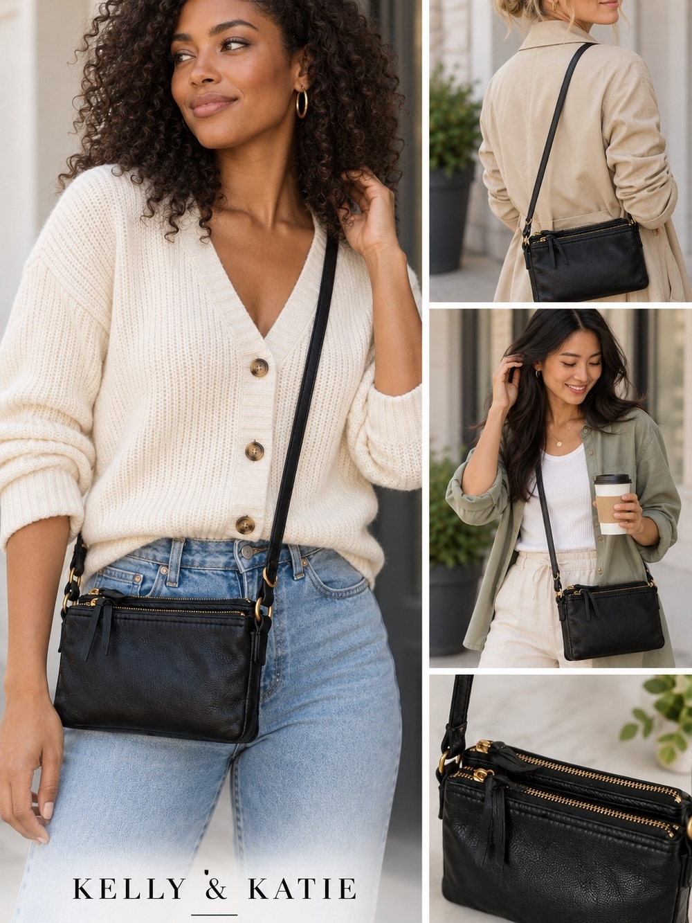 Kelly & Katie Multi Zip Crossbody Bag Black